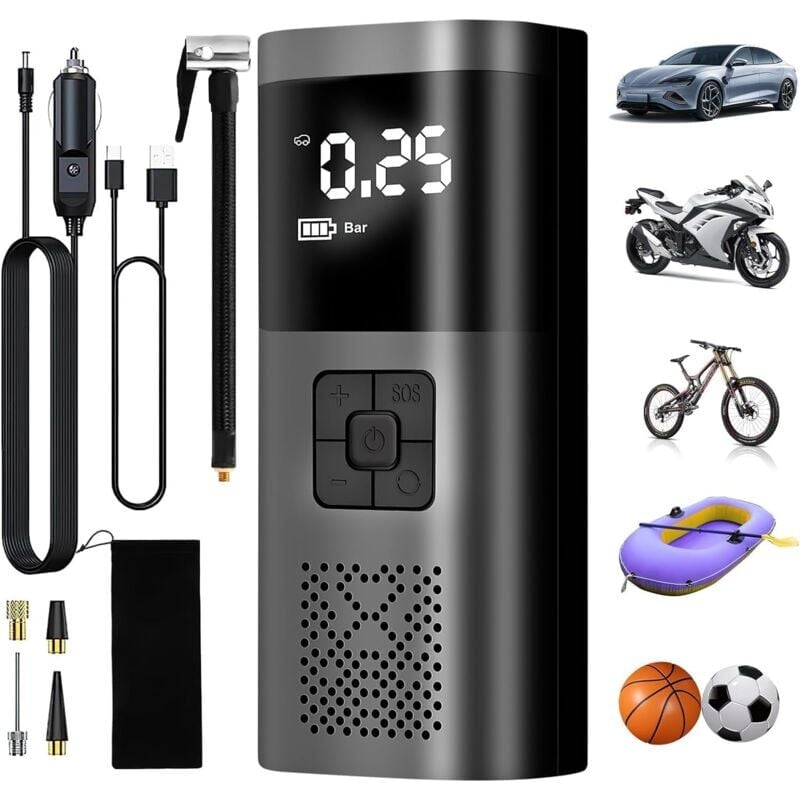 SNQ - Gonfleur Pneus Voiture, 6000mAh Compresseur à Air Portatif Gonfleur Pneus sans Fil 150PSI avec écran lcd Numérique, Pompe a Velo Electrique