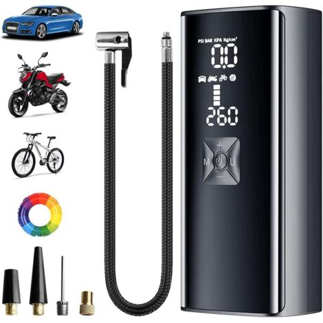 Gonfleur Pneus Voiture 8000mAh Pompe a Velo Electrique 30cm Tube Gonflable pour Moto Vélo Basketball Football Mini Compresseur à Air Portatif 5 Modes 150psi, 4 Gonflage Aiguille -