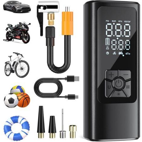 Gonfleur Pneus Voiture, Compresseur à Air Portatif sans Fil, 150 PSI (10,3 Bar), Gonfleur Electrique, Pompe a Velo, Inflation Rapide, Arrêt Automatique, LED, pour Voiture, Moto, Vélo, Ballon