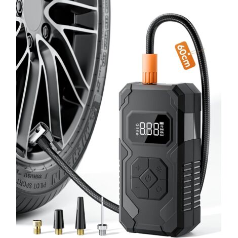 Gonfleur Pneus Voiture, Compresseur à Air Portatif sans Fil, 150 PSI (10,3 Bar), Pompe À Velo Électrique, Arrêt Automatique, LED, avec Tuyau de 60 cm, Noir