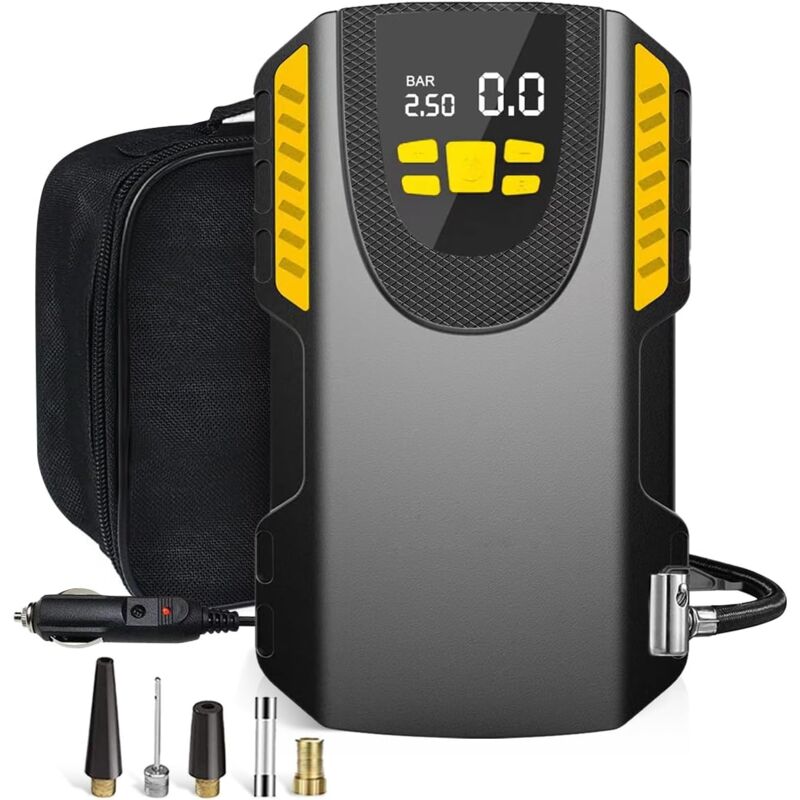 Gonfleur Pneus Voiture Numérique écran LCD avec 3 Adaptateurs de Buses, 12V Compresseur à Air Portatif avec Fonction Mémoire, Compresseur Voiture