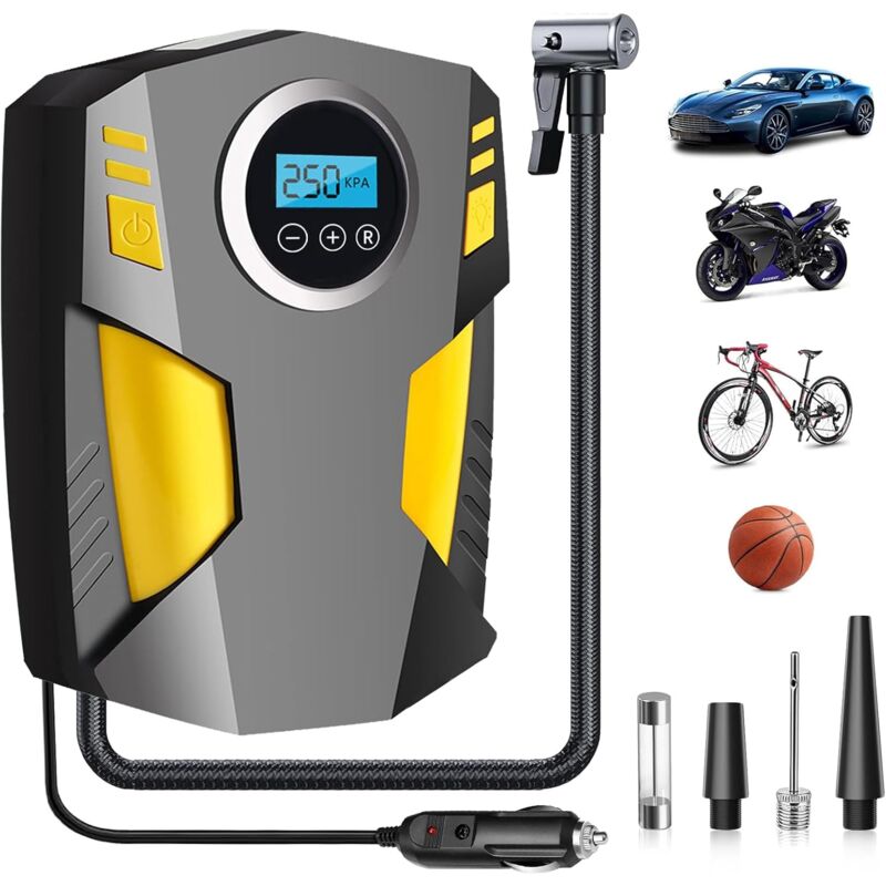 Gonfleur Pneus Voiture Numérique Portable, 12 V Pompe à Air électrique Rapide, Gonfleur Pneus Voiture avec Affichage Digital et Lumière LED, pour