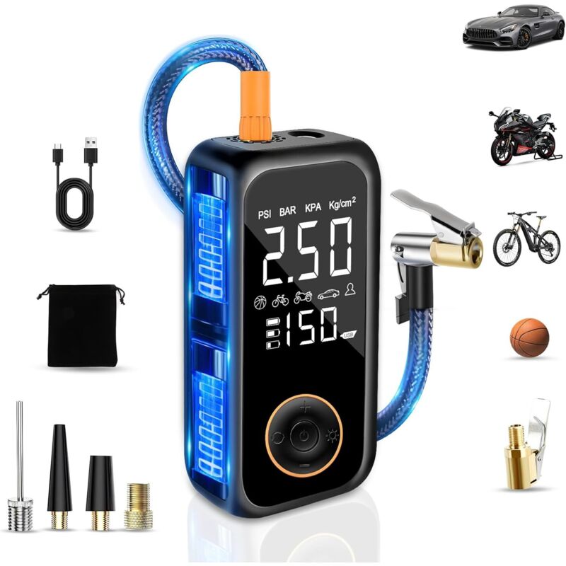 Gonfleur Pneus Voiture Sans Fil, 6000mAh Mini Compresseur à Air Portatif, 150PSI Pompe a Velo Electrique avec écran LCD numérique et lampe de poche