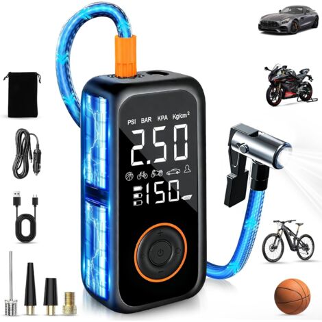 Gonfleur Pneus Voiture Sans Fil, 8000mAh Mini Compresseur à Air Portatif, 150PSI Pompe a Velo Electrique avec écran LCD numérique et lampe de poche LED,Gonfleur Pneu pour Vélo,Voiture,Moto,Ballons