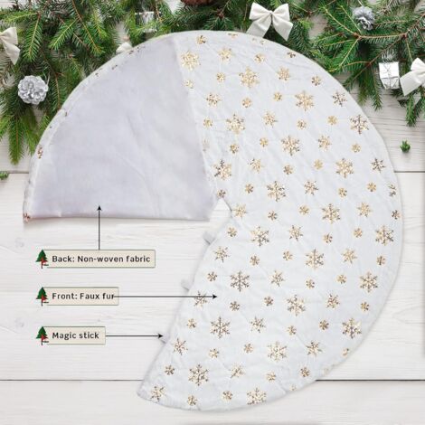 Gonna per albero di Natale da 120 cm per decorazioni natalizie e per feste, in peluche bianco con paillettes dorate e fiocchi di neve.