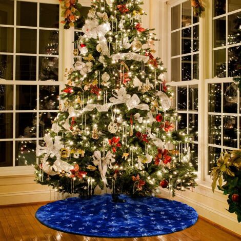 Gonna per albero di Natale da 78 cm, con pelliccia artificiale blu e fiocco di neve, paillettes argentate, base per cuscino per albero, decorazione per festa di Capodanno