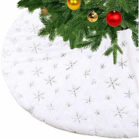 Gonna per albero di Natale Gonna per albero di Natale bianca spessa in pelliccia sintetica con paillettes argento Fiocco di neve Tappetino per albero di Natale Copertura base per albero di Natale 90 c