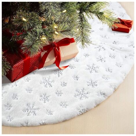 Gonna per albero di Natale in pelliccia sintetica con ricamo a fiocco di neve glitterato argento, 31"