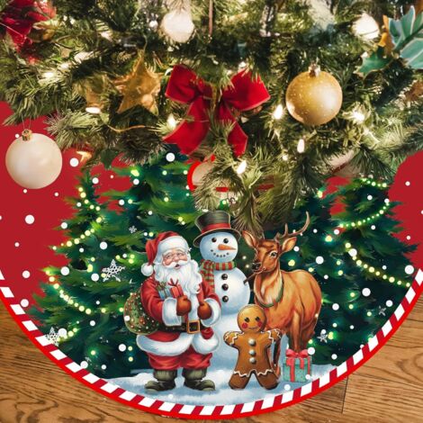 Gonna rossa per albero di Natale da 120 cm con Babbo Natale e pupazzi di neve - Grande tappeto decorativo in poliestere per decorazioni natalizie da interno ed esterno