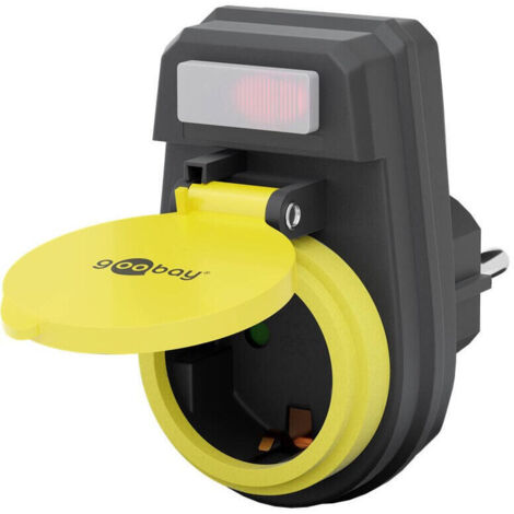 Goobay 41266 Enchufe con protección de Contacto, IP 44, Resistente a Salpicaduras, 1 Compartimento Adaptador de Enchufe con Tapa Protectora e Interruptor Iluminado Adecuado para Exteriores.