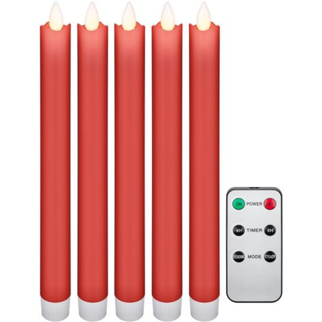 goobay 53943 Juego de 5 velas de cera real LED inalámbricas, velas de mesa, vela de palo - con mando a distancia, función de temporizador, sin cable, rojo