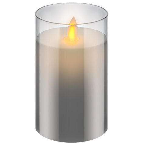 goobay Candela a LED in vera cera in vetro, altezza 12,5 cm, senza fiamma, con fiamma mobile, candele alimentate a batteria, decorazione da tavolo a LED, candele con timer, colore grigio
