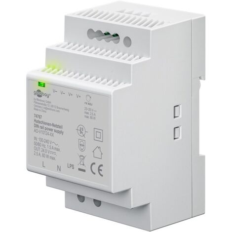 goobay Fuente de alimentación DIN 24V DC 2,5A, transformador de 230V a 24V con voltaje ajustable, protección múltiple, indicador LED, montaje en carril DIN, 74767
