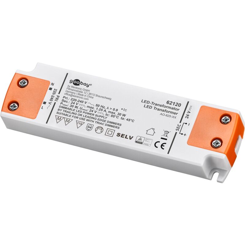 Transformateur led 24 v (dc), 30 w, Réglable, dimmable, pour LEDs jusqu'à 30 w de charge totale et tension continue de 24 v (dc).