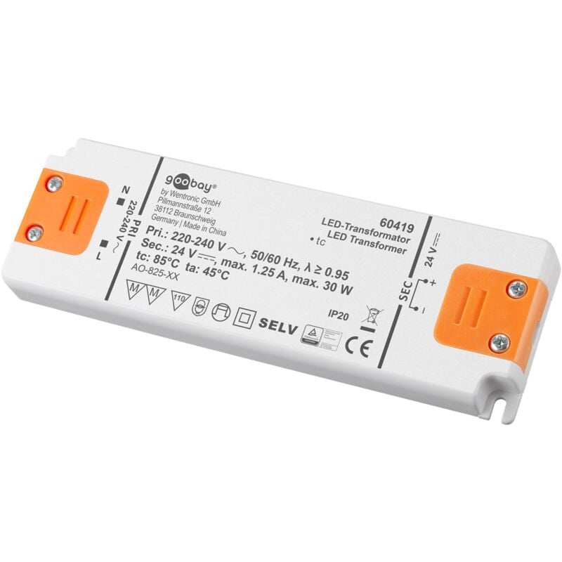 Transformateur led 24 v (dc), 30 w, pour LEDs jusqu'à 30 w de charge totale et tension continue de 24 v (dc).