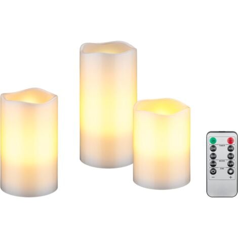 goobay - Velas LED con temporizador y mando a distancia, luz cálida, velas LED de cera auténtica, llama parpadeante, velas eléctricas de intensidad variable, velas de adviento, lote de 3/blanco