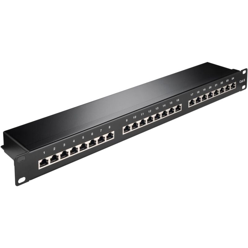 CAT 6 Panneau de Brassage 19 Pouces (48,3 cm), 24 Ports (1 U), STP blindé, noir. Version couleur noir