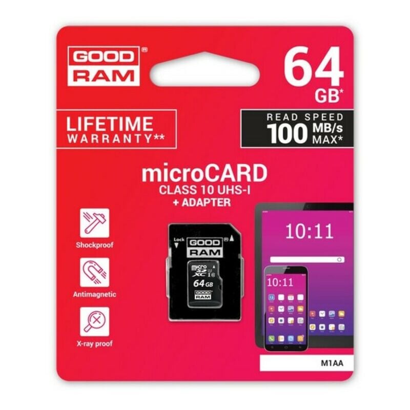 

Tarjeta de Memoria Micro SD con Adaptador UHS-I Clase 10 100 Mb/s 64 GB - Goodram