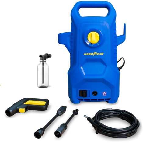 Goodyear - Hidrolimpiadora de Alta Presión, Compacta, Eléctrica 1400W 100 Bar, Kit Detergente, Pistola y Lanza PP, Manguera 5m, Sistema Auto Stop, Limpiadora a Presión Compacta y Eficiente