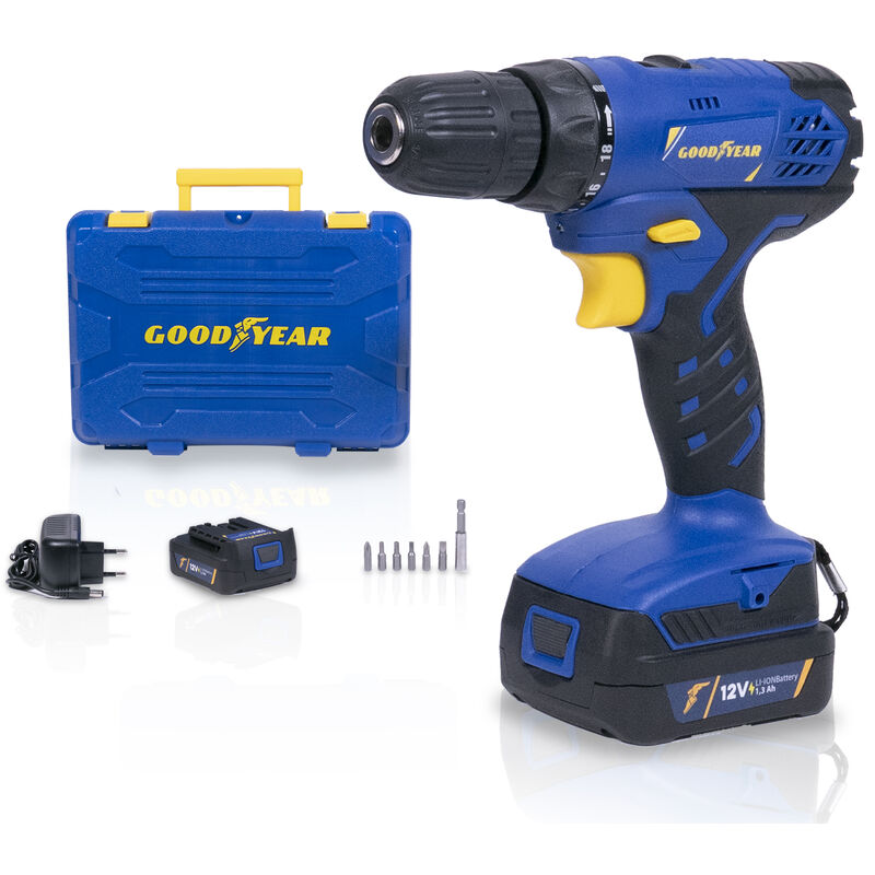 

Taladro atornillador bateria 12V + set de 7 puntas + batería de litio 1,3A GOODYEAR
