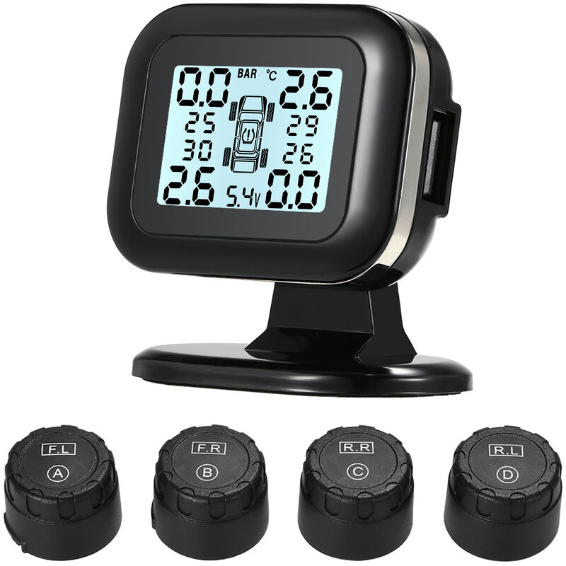 Goolsky - tpms Tire Pressure Monitoring System Wireless Real-time lcd Display 4 External Sensors Alarm Function,model:Black