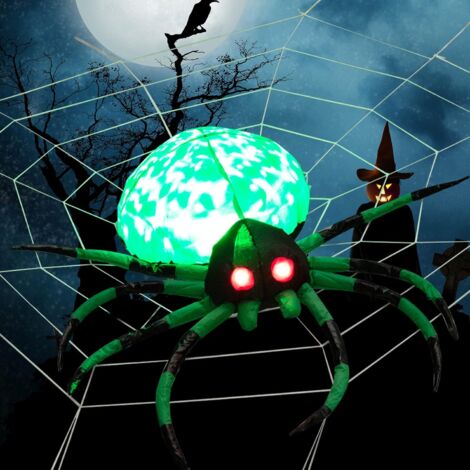 GOPLUS 100 cm Lange aufblasbare Halloween-Spinne mit weissem Netz, grüne Riesenspinne zum Aufblasen, Hofdekoration mit LED-Rotationslicht, roten Augen, 8 Langen Beine, für Hof Wand Dach Rasen