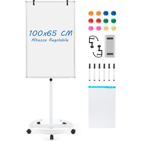GOPLUS 100 x 65 x 132-192 cm Lavagna Bianca a Secco Mobile, Lavagna Magnetica con Ruote e Supporto Regolabile in Altezza, 1 Cancellino,12 Magnetici, 25 Fogli di Carta, 6 Penna, 2 Graffette (Bianco)