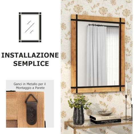 GOPLUS 100 x 77 cm Specchio da Parete, Specchio da Bagno Rettangolare con Cornice in Legno, Decorazione in Metallo, Specchio Rustico da Appendere con Ganci, per Camera da Letto, Soggiorno, Corridoio