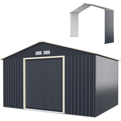 GOPLUS 10,85m² Abri de Jardin Métal avec Kit d’Extension, 330 x 255 x 210 cm, Cabine de Jardin Extérieur Portes Coulissantes, Gris