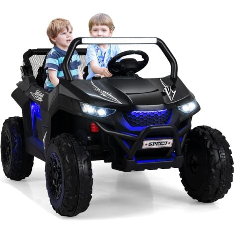 GOPLUS 12V Kinder Elektroauto, 2-Sitzer Kinderfahrzeug mit 2,4 GHz Fernbedienung, Scheinwerfer, Musik, Coolen Lichteffekten & Aufbewahrungstasche, Kinderauto mit Langsam Start für 3-8 Jahre (Schwarz)