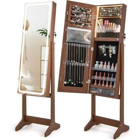 GOPLUS 151cm Armadio da Gioielli, Armadio da Gioielli con Luce LED con 3 Modi di Colore, Luminosità Regolabile e 3 Angoli di Inclinazione, Specchio a Corpo Intero Senza Cornici (Marrone Rustico)