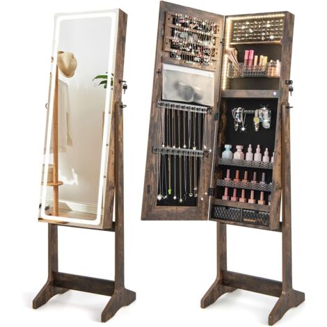 GOPLUS 151cm Armadio da Gioielli, Armadio da Gioielli con Luce LED con 3 Modi di Colore, Luminosità Regolabile e 3 Angoli di Inclinazione, Specchio a Corpo Intero Senza Cornici (Noce)