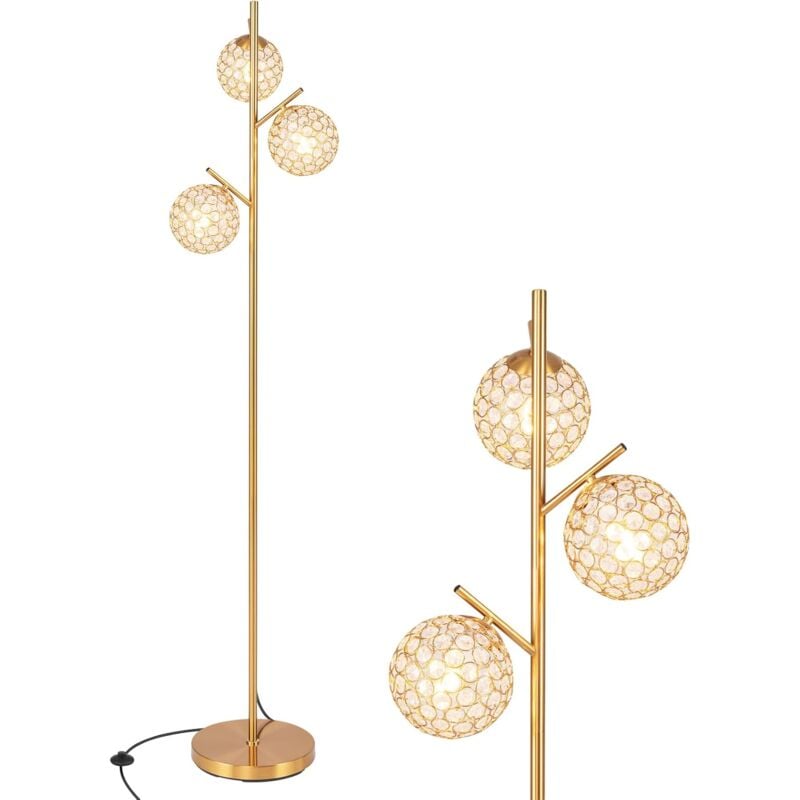 170cm Lampadaire sur Pied Salon 3 Globes en Or, Abat-jours en Cristal Acrylique, Base Lestée & Interrupteur au Pied, Lampadaire Autonome pour Salon,