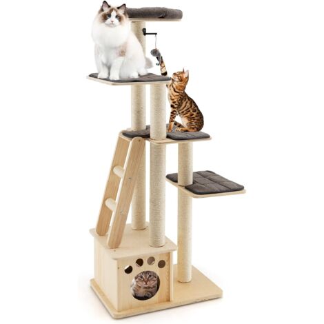 GOPLUS 170cm Mehrstöckiger Katzenbaum, Katzenbaum aus Massivholz mit Plattformen, Kuschelhöhlen, Treppen, Sisalpfähle & Fellknäuel, Katzenspielturm für große & kleine Katzen bis 15kg