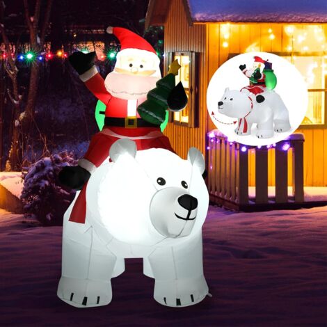 GOPLUS 175CM Père de Noël Ours Gonflables avec Lumières, Père Noël de Chevauchant l'ours,Décoration Noel Intérieur Extérieur(Père de Noël avec Ours)