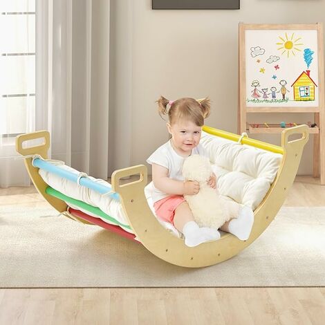 GOPLUS 2 en 1 Arche à Bascule en Bois pour Enfants, Arche d'escalade avec Coussin Souple, Charge 50KG, pour 1 an+, Coloré