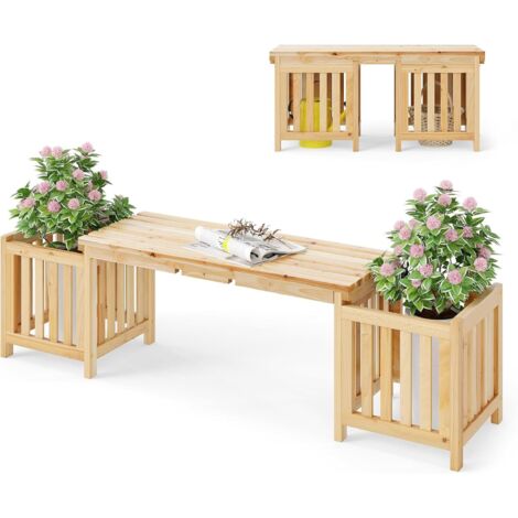 GOPLUS 2 en 1 Banc de Patio avec 2 Bacs à Fleurs, Banc de Jardin en Bois de Sapin pour 2 Personnes avec Jardinières, Conception de Fente pour Un Assemblage Facile, pour Balcon/Terrasse/Arrière-Cour