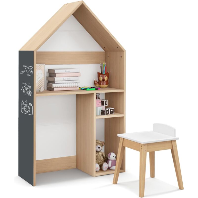 Goplus - 2 en 1 Bureau Enfants en Forme Maison avec Tableau Noir, Banc en Bois, DispositifAnti-Basculement, Table et Chaise avec Espace de Rangement,