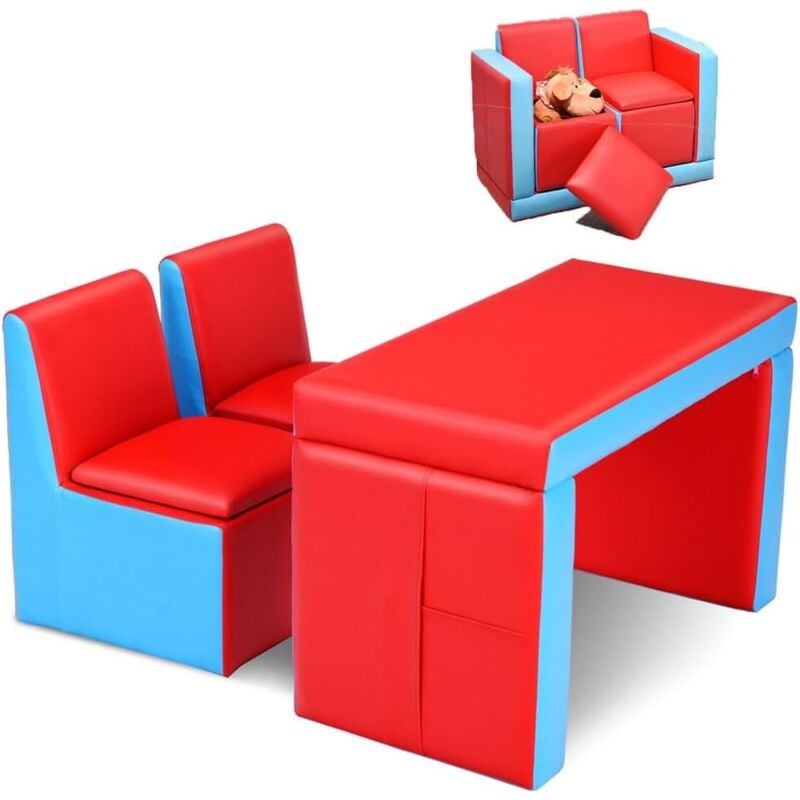 Goplus - 2 en 1 Canapé Enfants 2 Places, Ensemble de Table et Chaises de Enfants avec Poches et Rangement, Charge de 100KG, Rouge