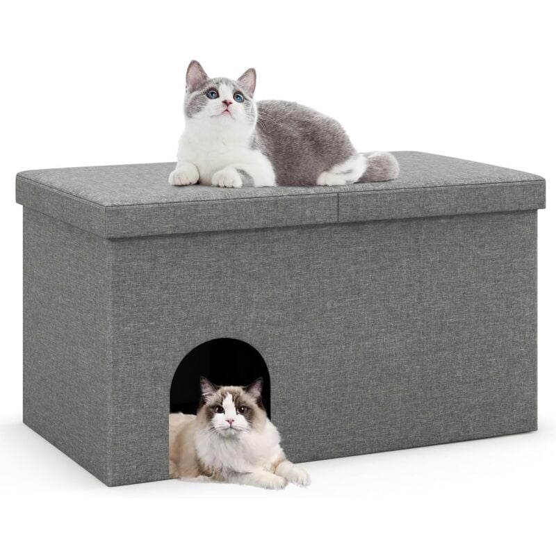 2 en 1 Maison de Toilette pour Chat, Meuble Litière Caché Pliable pour Chat avec Tapis de Litière, Couvercle Rabattable, Filtre de Contrôle Odeurs,