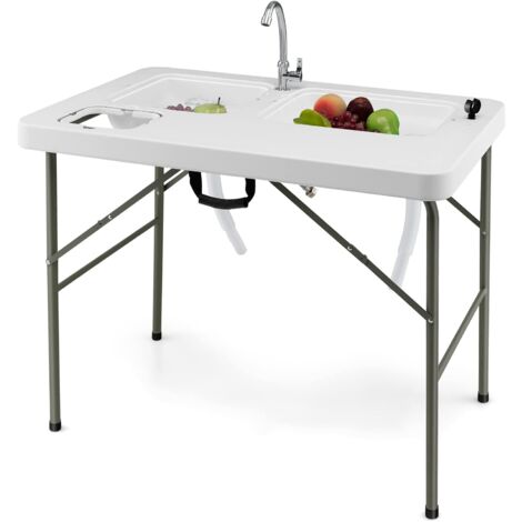 GOPLUS 2 en 1 Table de Nettoyage de Poisson Pliante avec 2 éviers & Robinet Rotatif 360°, Table de Pêche Portable en Acier, pour Camping, Pêche, Pique-Nique, Charge 150KG, 101,5X65,5X107,5 CM