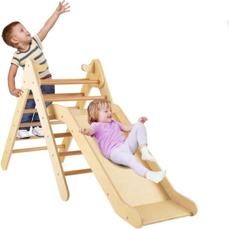 GOPLUS 2 en 1 Triangle Escalade Montessori Enfants avec Rampe, Toboggan, Échelle Escalade,Jeux Montessori 1 Ans+ Charge 60KG,Aire de Jeux pour Bébé et Tout-Petit(Naturel)