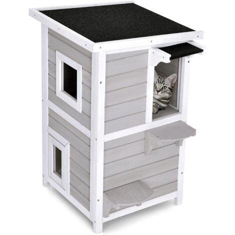 GOPLUS 2 Etagen Katzenhaus, Luxurioese Katzenvilla inkl. oeffenbares Asphaltdach & Türe & Fenster & Treppen, Wetterfeste Kleintierhütte aus Tannenholz, UV-bestaendig