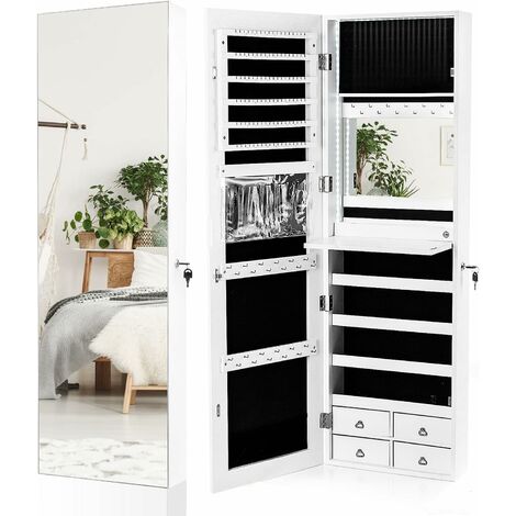 GOPLUS 2 in 1 Armadio Portagioielli da Parete e da Porta in Legno e Vetro, con Specchio a Figura Intera, Luci LED ,4 Cassetti Interni, 120x37x12 cm (Bianco)