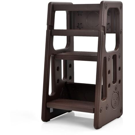 GOPLUS 2 in 1 Baby Lernturm, Küchenhelfer mit 3 Verstellbaren Höhen, Anti-Rutsch-Stufe, Rausfallschutz & Sitzfläche für 18-60 Monate, Tritthocker aus HDPE für Küche & Badezimmer (Braun)