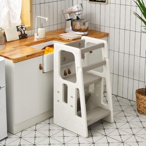 GOPLUS 2 in 1 Baby Lernturm, Küchenhelfer mit 3 Verstellbaren Hoehen, Anti-Rutsch-Stufe, Rausfallschutz & Sitzflaeche für 18-60 Monate, Tritthocker aus HDPE für Küche & Badezimmer (Grau)