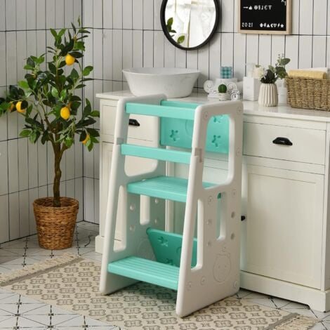 GOPLUS 2 in 1 Baby Lernturm, Küchenhelfer mit 3 Verstellbaren Hoehen, Anti-Rutsch-Stufe, Rausfallschutz & Sitzflaeche für 18-60 Monate, Tritthocker aus HDPE für Küche & Badezimmer (Grün)