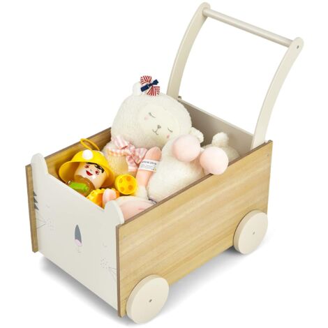 GOPLUS 2 in 1 Lauflernwagen aus Kieferholz, Lauflernhilfe mit Aufbewahrungsbox & 4 Holzraedern, Spielzeugkiste mit Katzenmuster für Junge & Maedchen, Babywalker für Kinder ab 1 Jahr