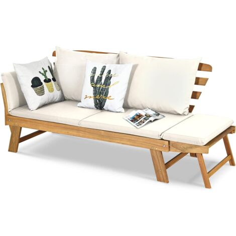 GOPLUS 2 in 1 Panchina da Giardino a 2 Posti, Sdraio Giardino con Braccioli Regolabili, Cuscini e Schienale Rimovibili, Mobili da Esterno per Terrazze, Balconi e Parchi, 157-198 x 75 x 75 cm (Beige)
