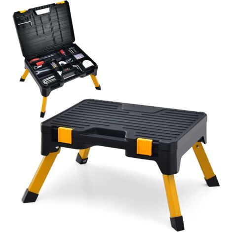 GOPLUS 2 in 1 Sgabello da Officina con Cassetta degli Attrezzi, Sgabello Pieghevole con Spazio di Archiviazione, Piedini Antiscivolo e Maniglia, per Cucina e Garage, Carico Massimo 150 kg, Nero